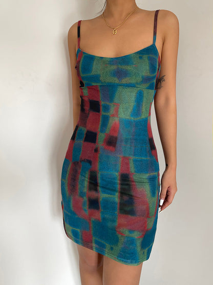 Pure desire tie-dyed double-layer mesh print slim-fitting suspender dress with hip skirt R3071