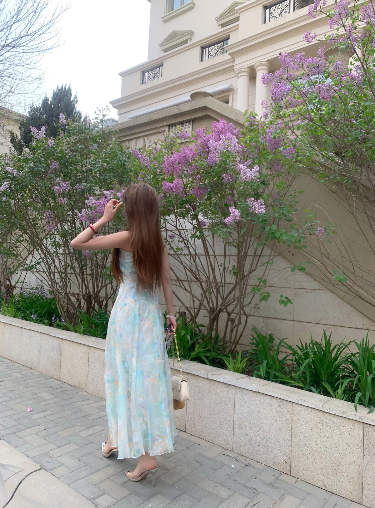 Green floral suspender dress gentle temperament waist small skirt R0578