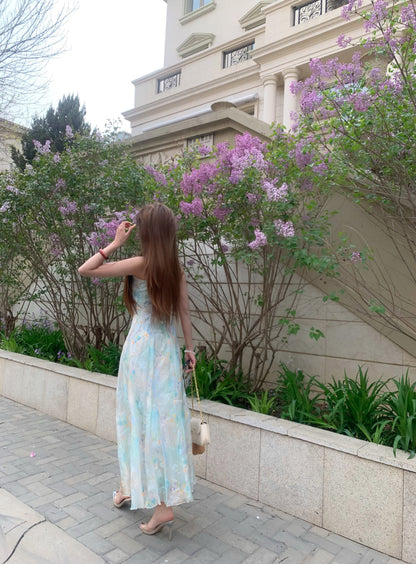 Green floral suspender dress gentle temperament waist small skirt R0578