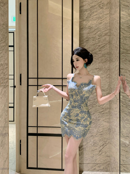 Blue suspender dress, sexy waist, slim hip skirt R0579