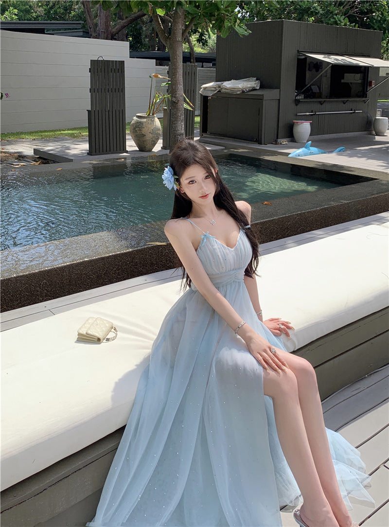 Blue V-neck suspender dress beautiful gentle temperament small skirt R0669