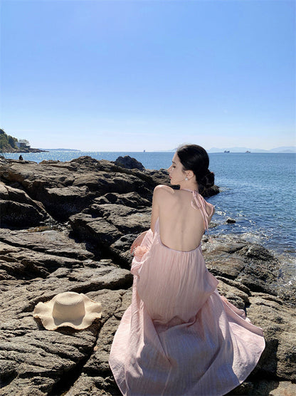 Pink flower suspender dress beautiful small skirt temperament long skirt R0521