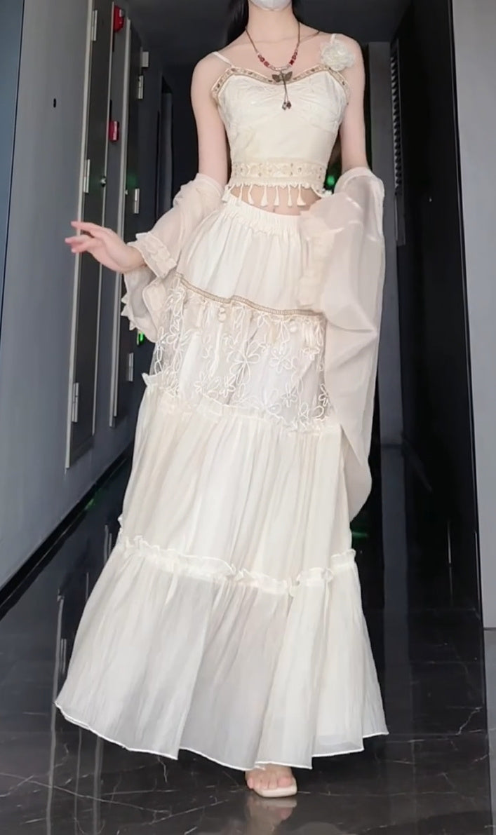 Set Retro Suspender Top Knitted Cardigan Tassel Skirt Three-piece Set R0525