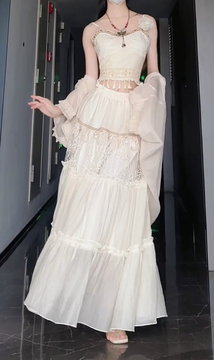 Set Retro Suspender Top Knitted Cardigan Tassel Skirt Three-piece Set R0525