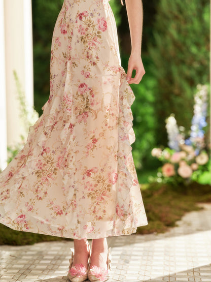 French romantic vacation long dress floral seaside halter dress summer R5108
