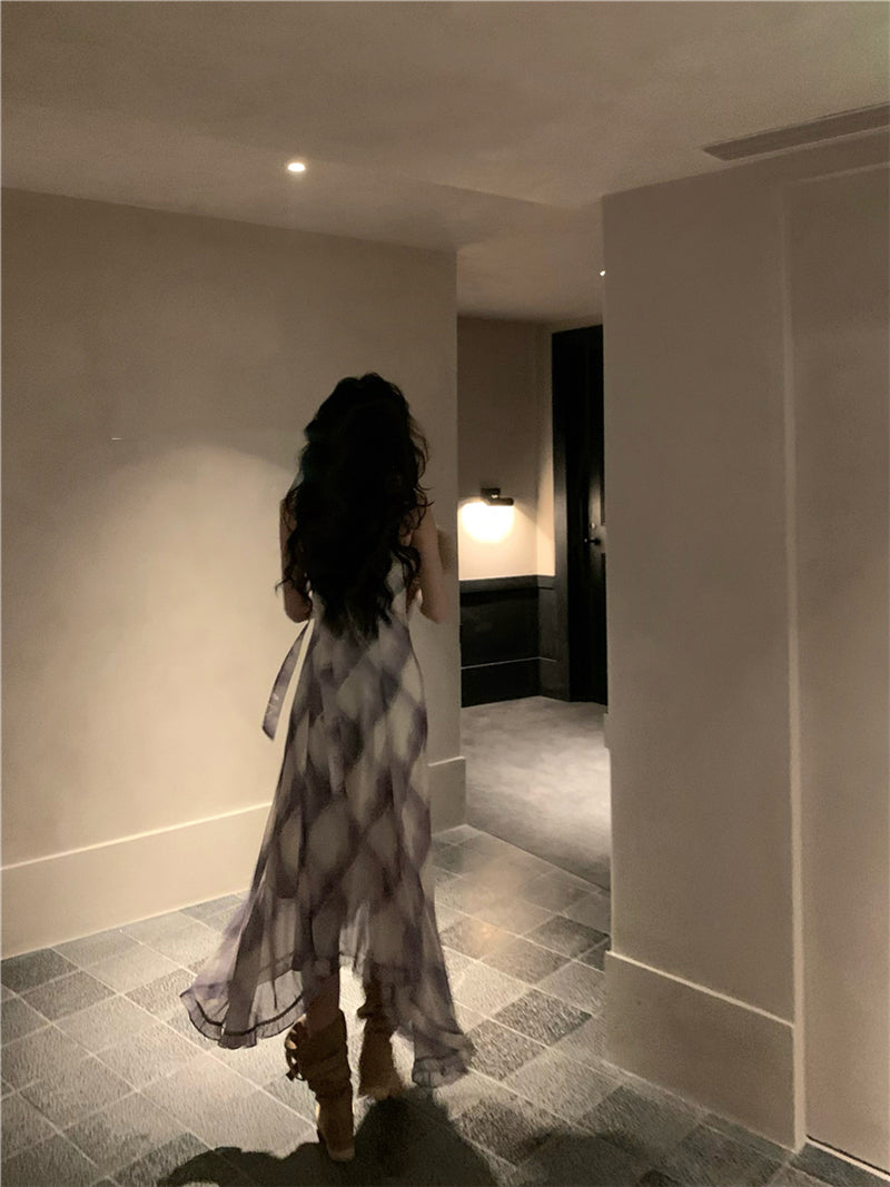 Gentle temperament purple plaid suspender dress beautiful waist A-line long skirt R0734