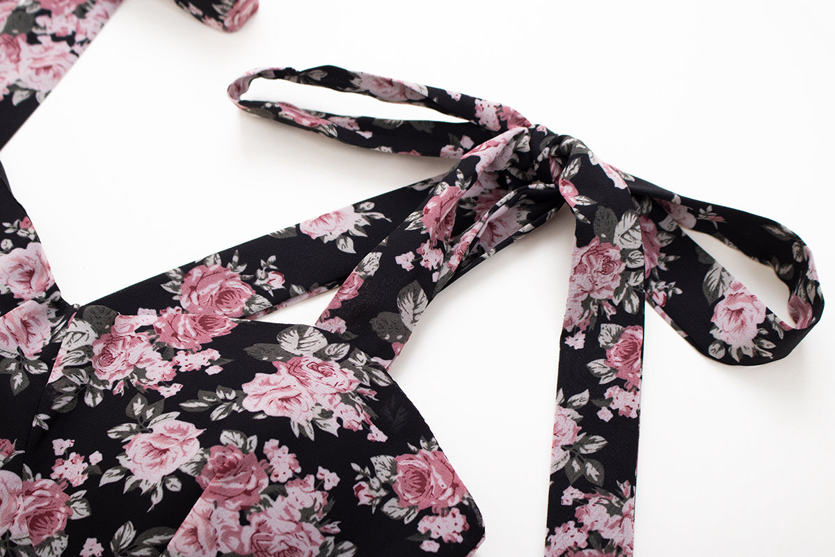 Tea break French floral suspender dress 2025 new sweet and spicy style waist slim chiffon short skirt R0116