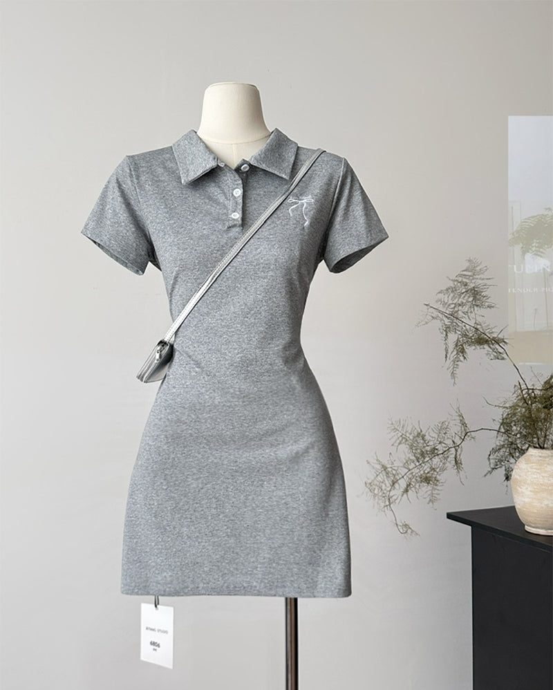 Grey college style bow embroidered Polo collar dress casual slim fit temperament A-line skirt R0109