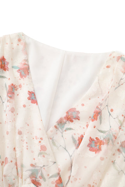 Begonia floral V-neck dress new French gentle puff sleeve temperament design long dress R0117