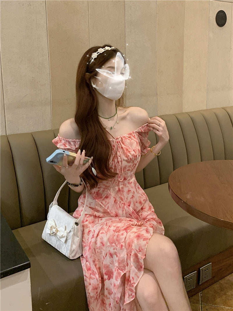 Tea break French seaside vacation chiffon floral dress 2025 new waist slit irregular long skirt R0104