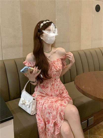 Tea break French seaside vacation chiffon floral dress 2025 new waist slit irregular long skirt R0104