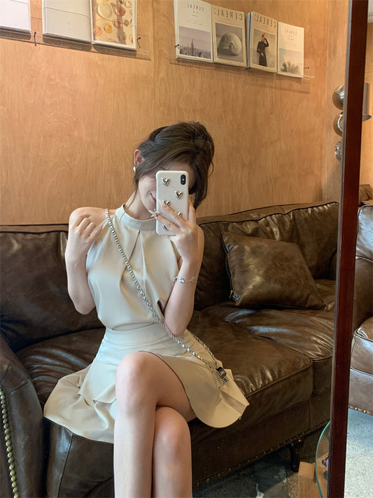 Goddess filter high-grade satin top ruffled skirt two-piece suit female summer new style R0082