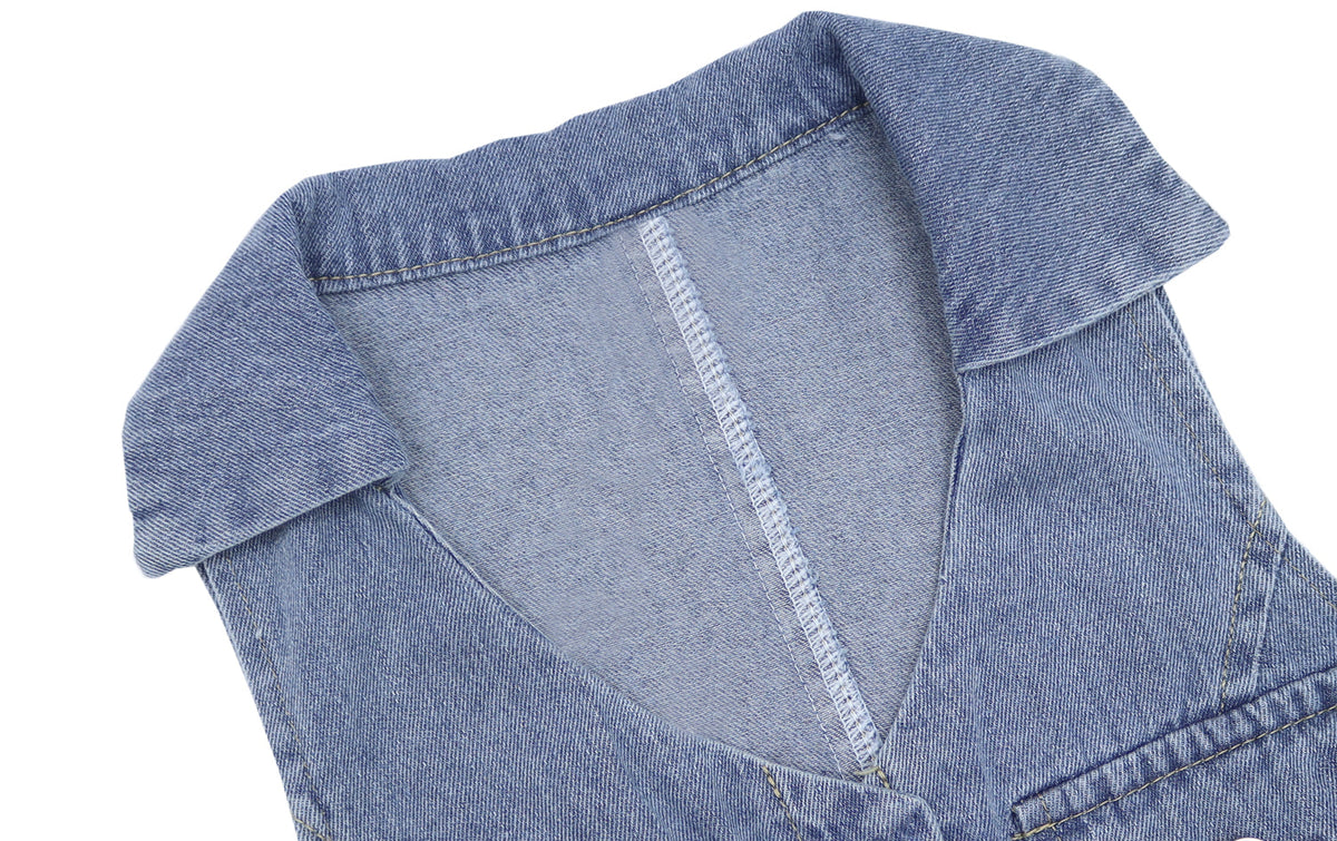 Denim skirt design halter neck skirt niche short small pleated skirt dress female summer hot girl R0098