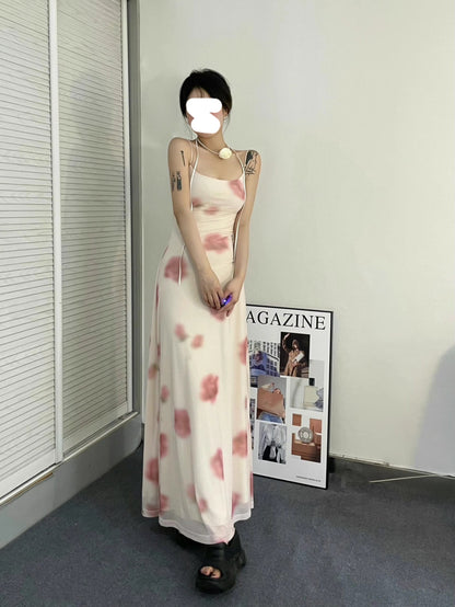Human peach print elastic mesh suspender dress for women summer slim and tall sexy high-end long skirt R0089