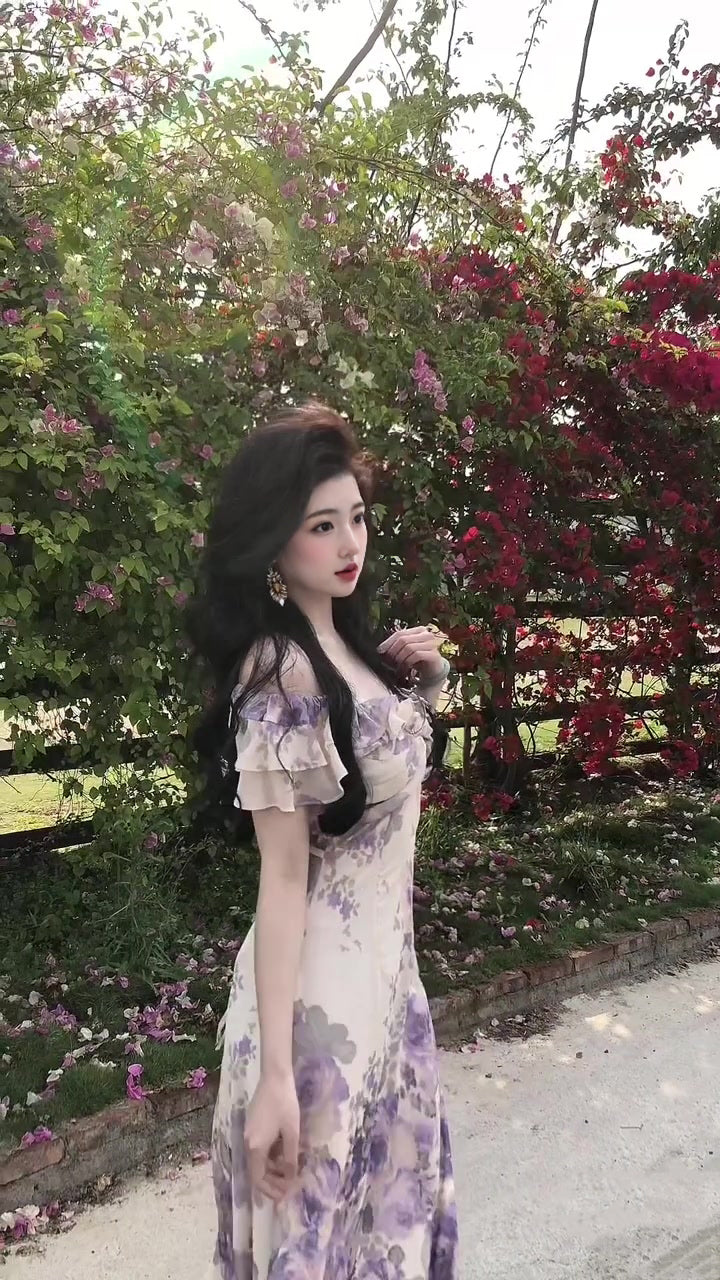 Purple V-neck floral one-shoulder dress gentle temperament waist A-line long skirt R0776