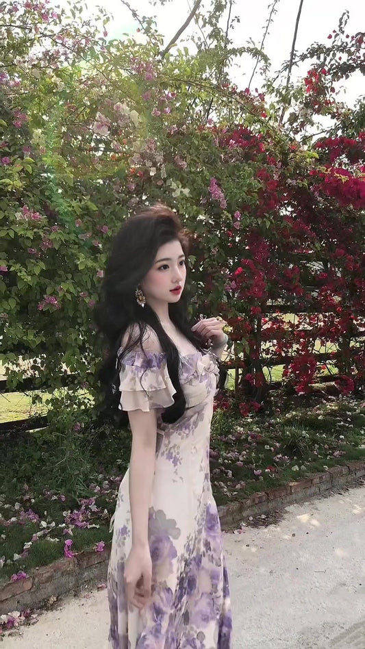 Purple V-neck floral one-shoulder dress gentle temperament waist A-line long skirt R0776