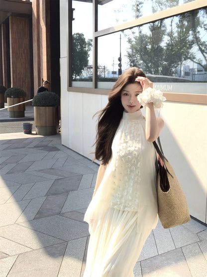 Beautiful suit outfit first love white floral halter neck top skirt two piece skirt R0689