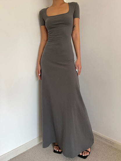 Summer French Square Neck Dress Slim Fit Short Sleeves Knee-Length Temperament Long Dress R3028