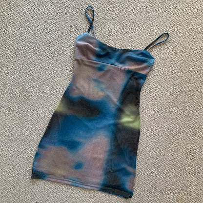 High elastic mesh printed suspender dress summer vacation short skirt hip sexy R3029