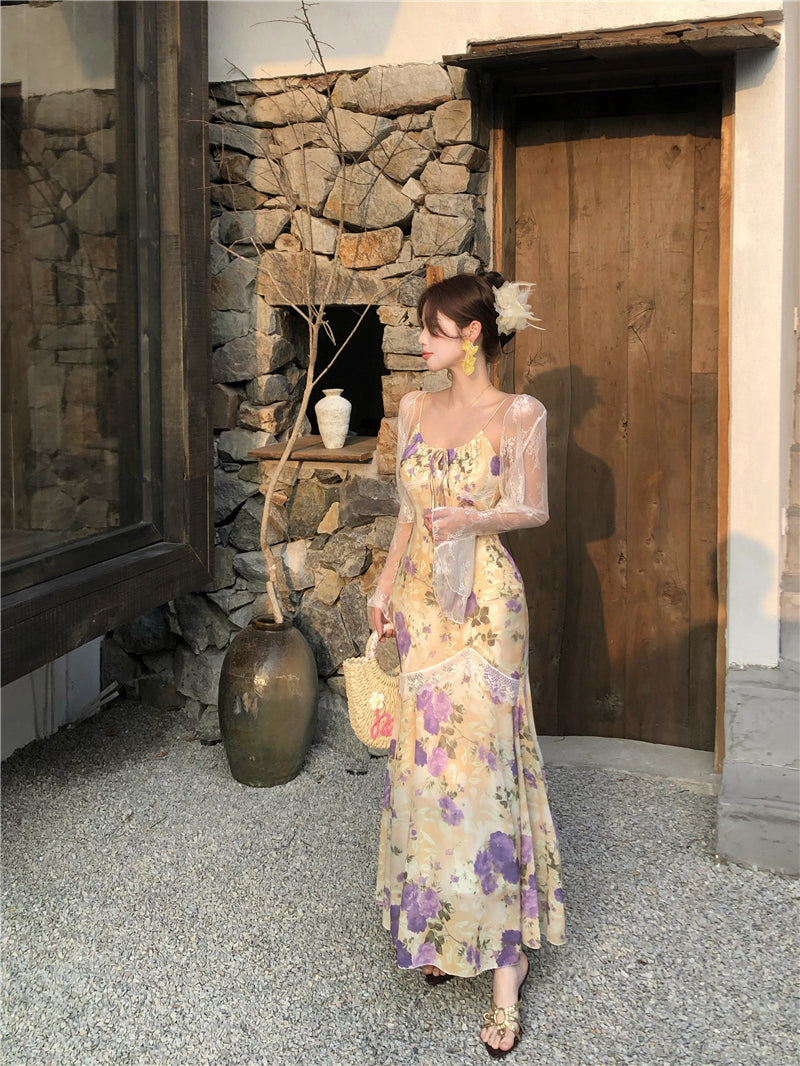 Beautiful floral fishtail suspender long dress slim hip dress R0628