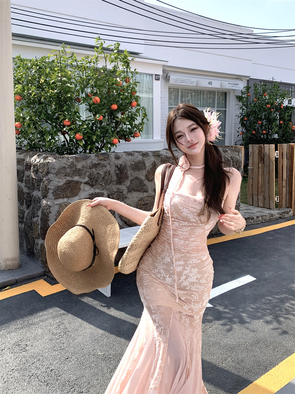 Pink floral suspender dress, beautiful waist, slim fit, hip fishtail skirt R0631