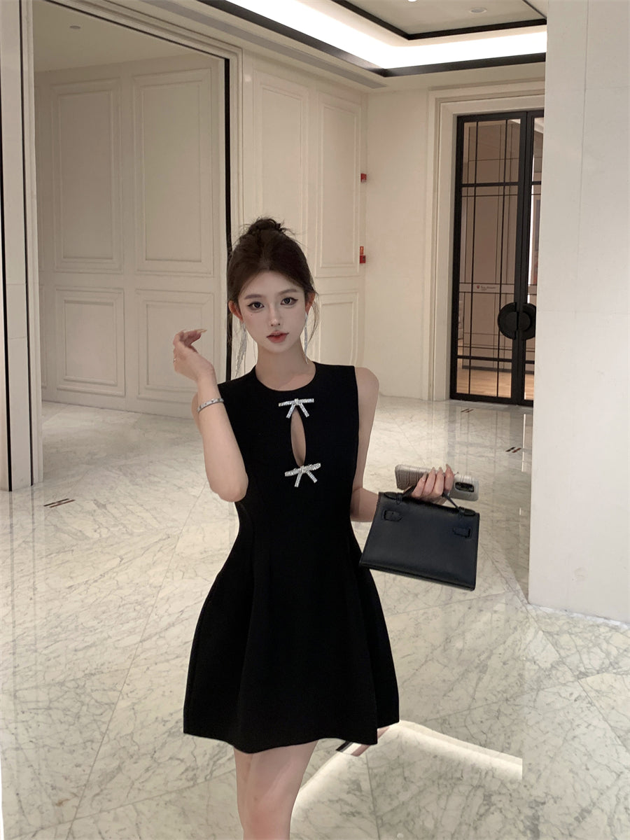Temperament little black dress bow vest dress waist A-line small dress R0536