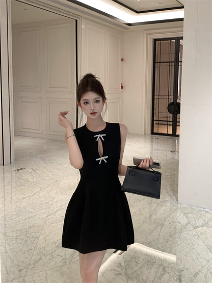 Temperament little black dress bow vest dress waist A-line small dress R0536