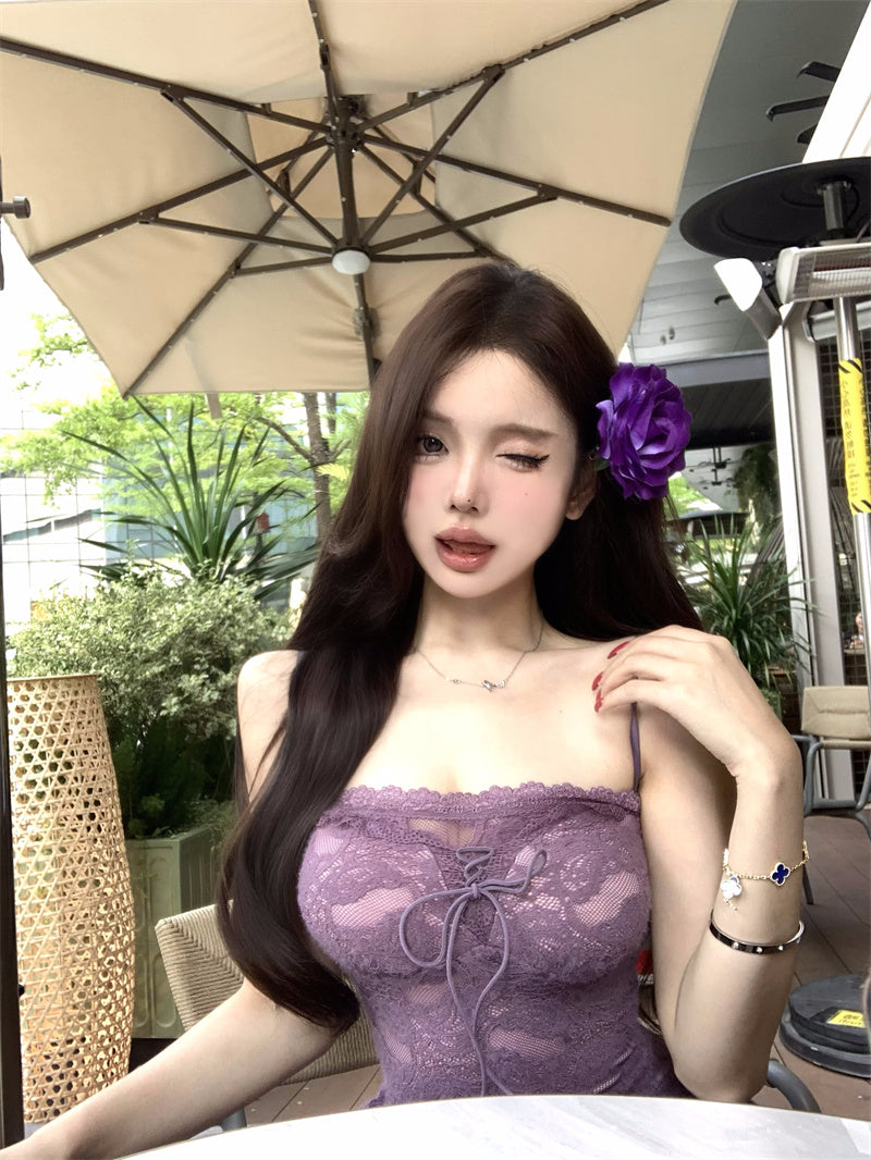Sexy purple suspender dress with elegant waist and slimming A-line short skirt R0541