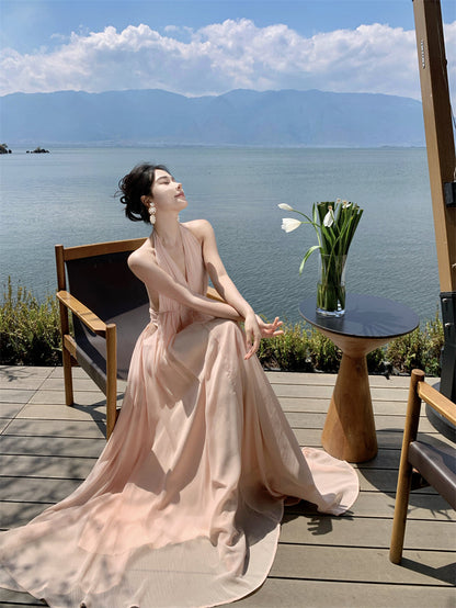Gentle temperament V-neck halter dress unique waist A-line beach dress R0576