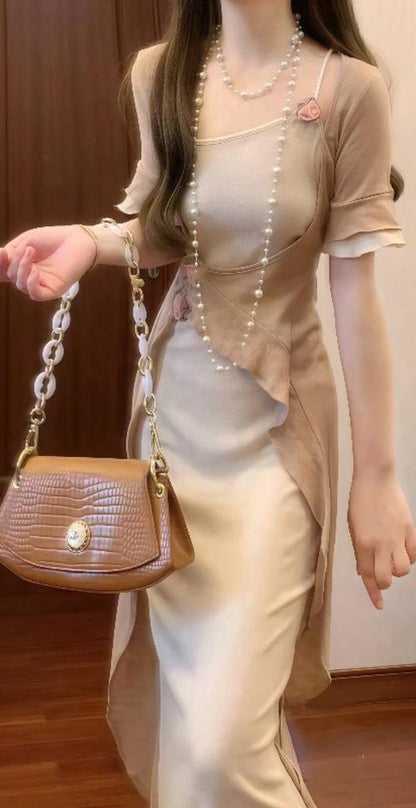 Retro ruffled two-piece dress with gentle temperament, slim waist and hip skirt R0647