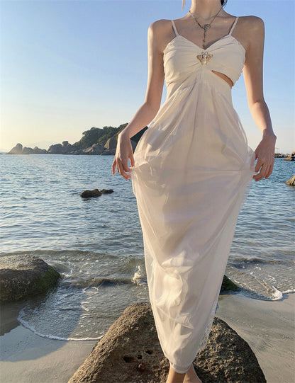 White hollow suspender dress gentle temperament waist backless A-line long skirt R0596