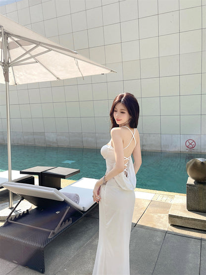 Sexy white hollow suspender dress with elegant waist and slim fit R0598