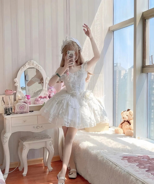 French Ball Gown Straps Short Tulle White Lolita Dresses Party Dress Birthday Outfits