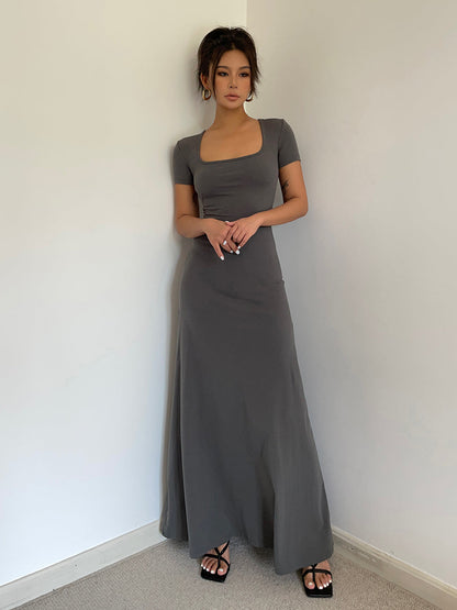 Summer French Square Neck Dress Slim Fit Short Sleeves Knee-Length Temperament Long Dress R3028