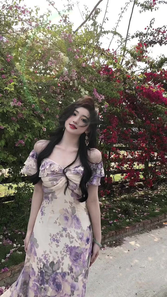 Purple V-neck floral one-shoulder dress gentle temperament waist A-line long skirt R0776