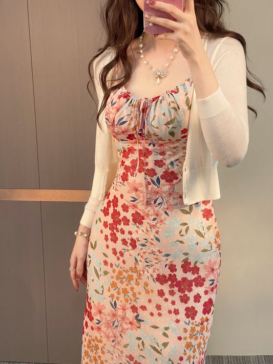 Tea break French floral sling dress, beautiful waist slim fit hip long dress R0567