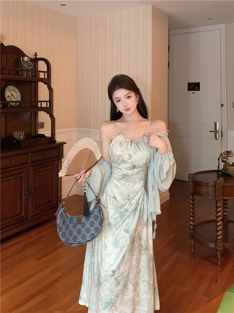 Green suspender halter dress unique chiffon sunscreen cardigan two-piece set R0616