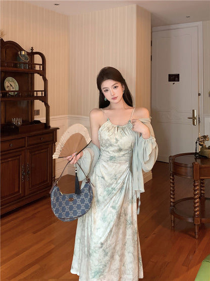Green suspender halter dress unique chiffon sunscreen cardigan two-piece set R0616