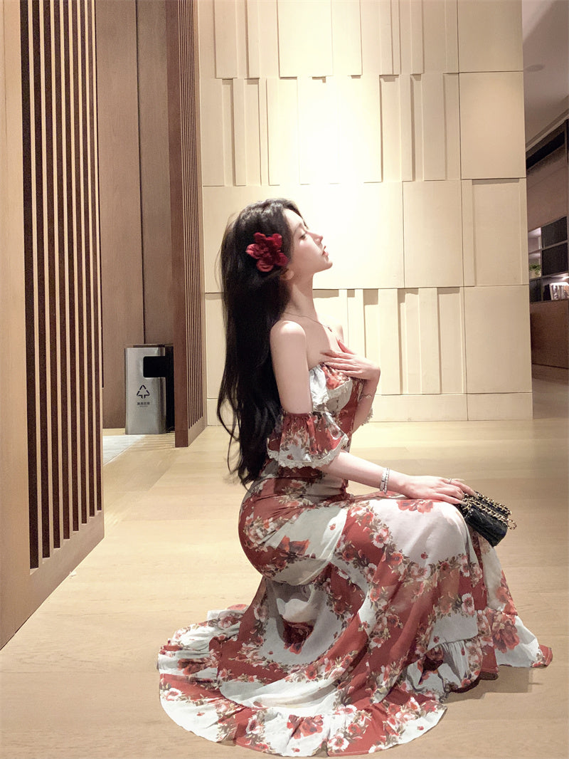 Retro tube top floral dress beautiful waist slim hip skirt R0573