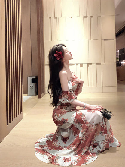 Retro tube top floral dress beautiful waist slim hip skirt R0573