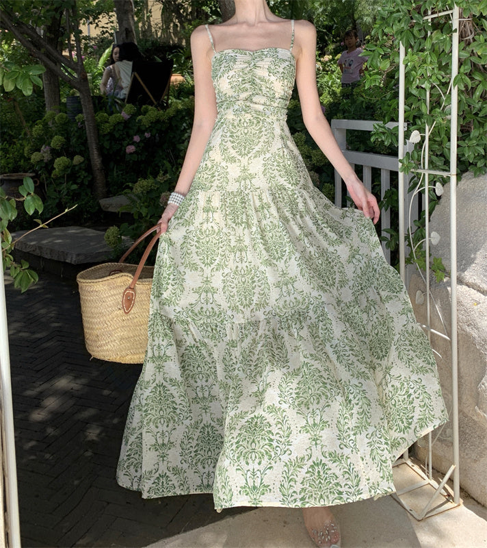 Tea break French holiday print suspender dress super fairy sweet temperament high-end beach dress R0189