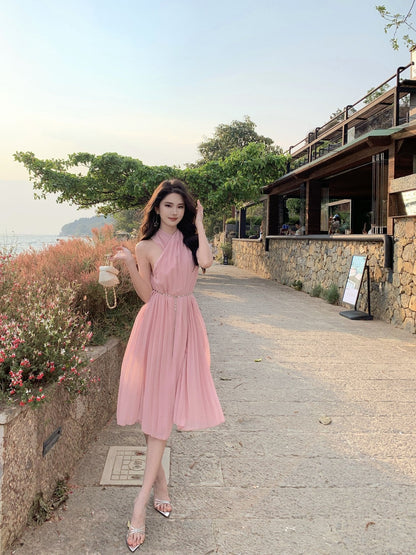 Pink sleeveless halter dress gentle style super beautiful dress R0727
