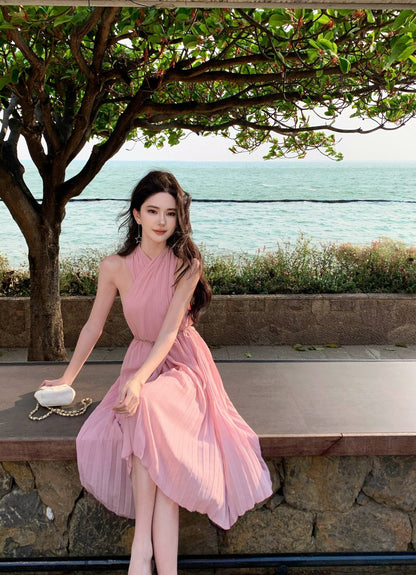 Pink sleeveless halter dress gentle style super beautiful dress R0727