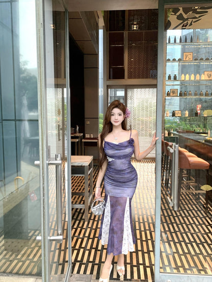 Beautiful small skirt waist hip skirt purple floral suspender dress R0635