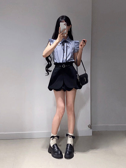Suit gentle temperament beautiful blue shirt flower bud shorts two-piece suit R0824