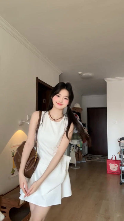 Gentle style white vest dress for women irregular beautiful waist bud skirt R0825