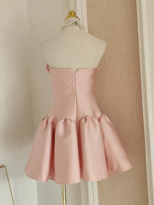 Retro Pink 3D Flowers Design A-line Strapless Satin Mini Party Dress Homecoming Dress D1523
