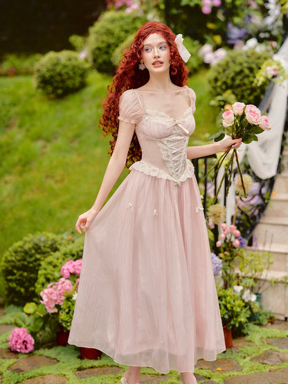 French pink fairy dress design long short-sleeved fishbone dress homecoming dress R5158