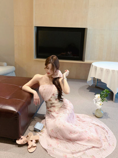 Gentle style pink floral hollow one-shoulder dress with waist A-line long skirt R0612