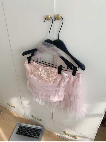 Cute Spaghetti Straps Pink Ruffles Tulle Summer Dress 2 Pieces Holiday Party Outfits For Women DP0094